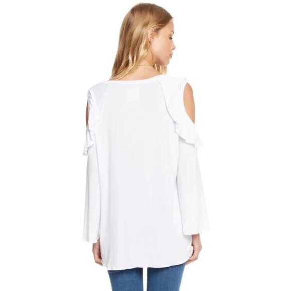 NWT CHASER White Bell Sleeve Cold Shoulder Ruffle Comfy Stretch Shirt Medium - Picture 2 of 6